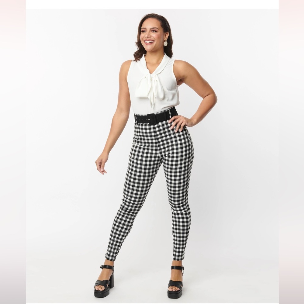 Unique Vintage Black & White Gingham belted Rizzo Pants NEW